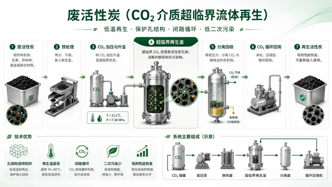废活性炭 CO₂ 介质超临界流体再生流程：加压升温、超临界再生、分离回收与 CO₂ 循环回用