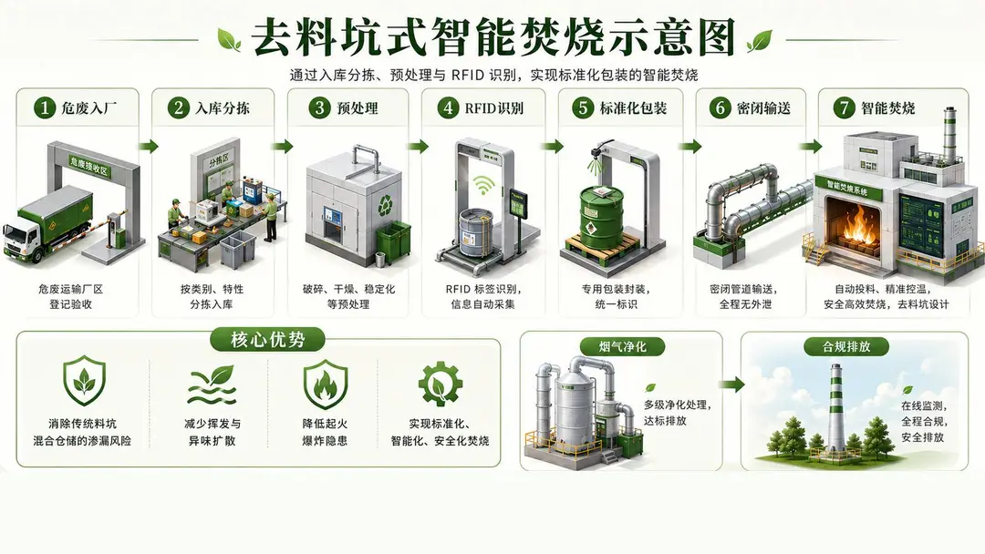 「去料坑」式智能焚烧流程：入库分拣、预处理、RFID 识别、标准化包装、密闭输送与智能焚烧